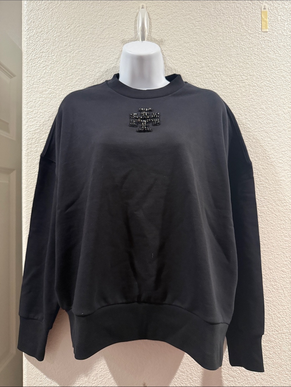 Tory Burch Black Beaded Logo Crewneck Sweatshirt